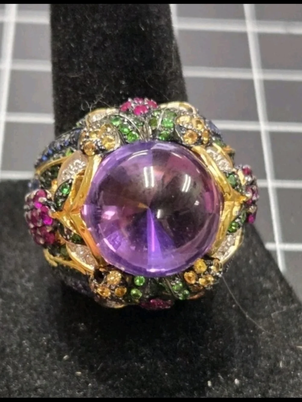 ✨ 18K Yellow Gold Multi-Gemstone & Diamond Ring 💜 Amethyst Cabochon Size 7¼